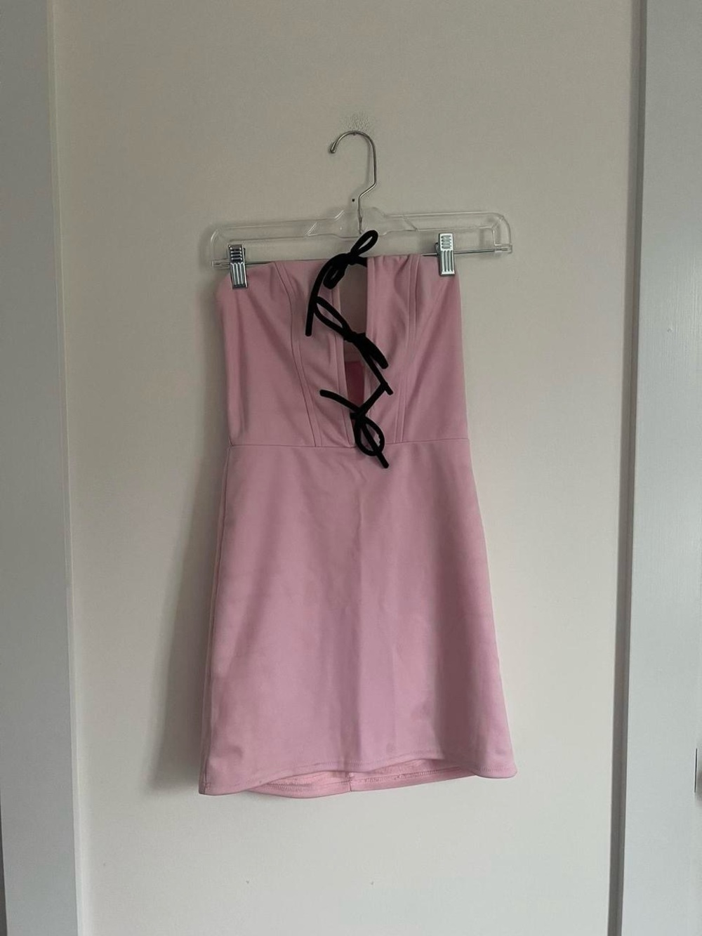 Lucy in the Sky Pink Strapless Mini Dress with Black Lace-Up Front